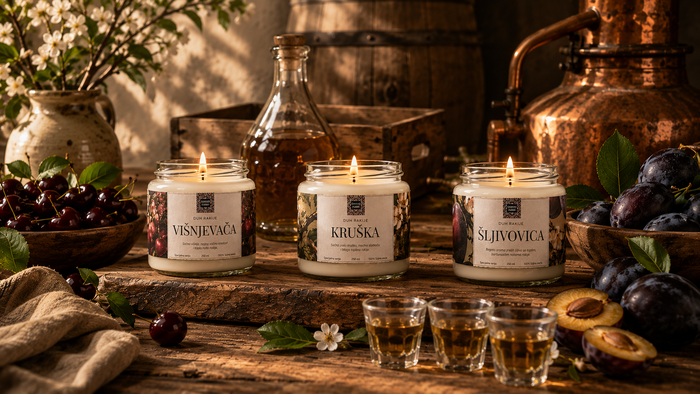 Poklon set Duh Rakije, sveće Šljivovica, Višnjevača i Kruška na drvenom stolu